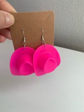 Bright Pink Cowgirl Hat Dangle Earrings Barbie Disco Bachelorette